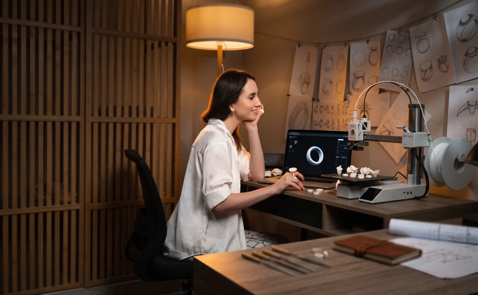 The Morcano workshop: a designer at a laptop with a ring on screen, beside a 3D printer and freshly printed pieces.