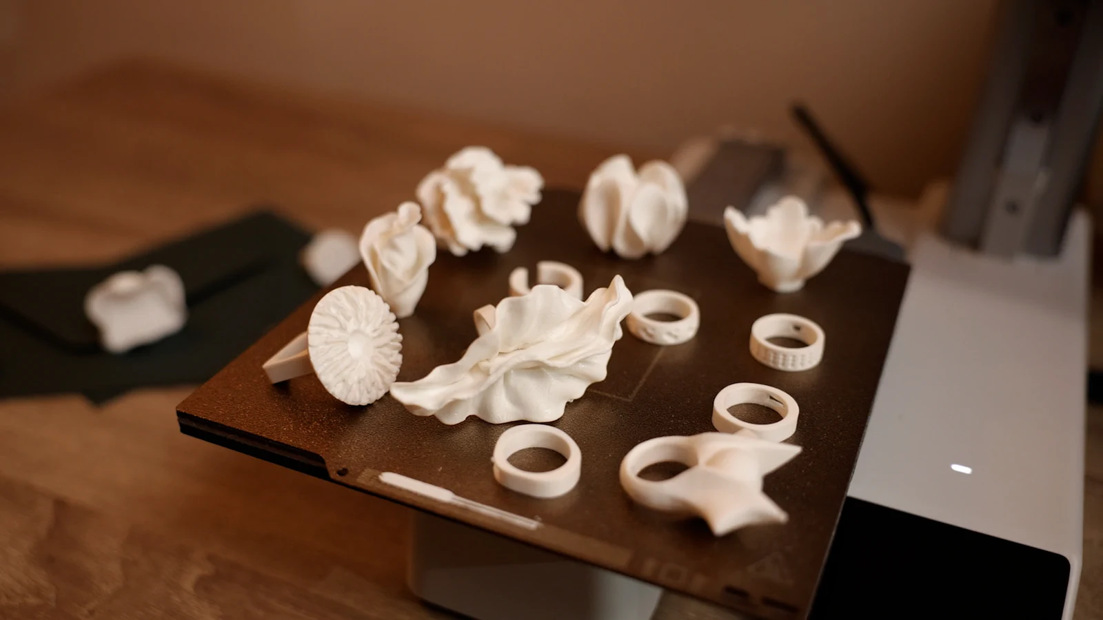Printed rings and sculptural ring tops scattered across the build plate.