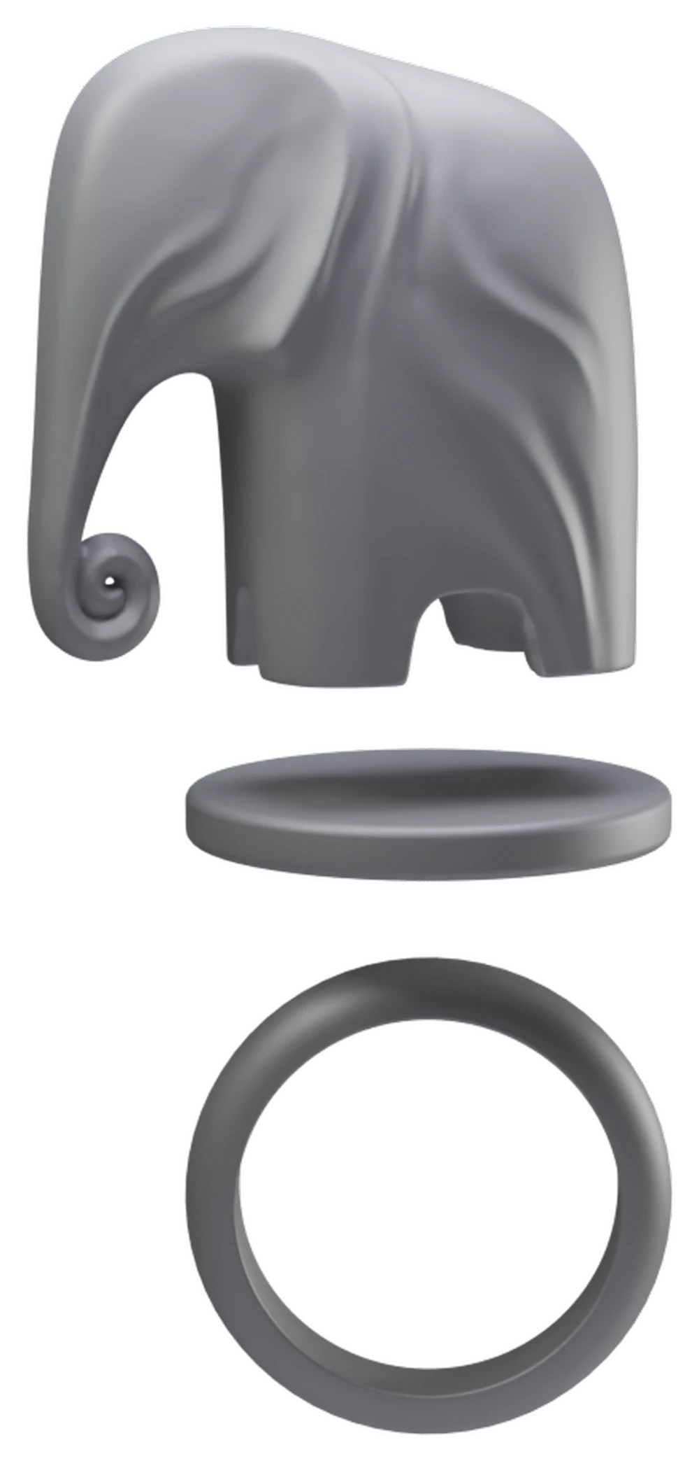 Render, exploded: an elephant figure above a round platform above a plain ring.