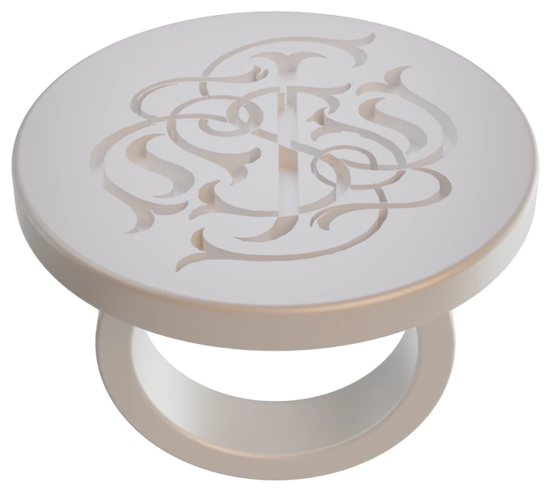 Render of a ring with a flat round top carrying an interlaced monogram.