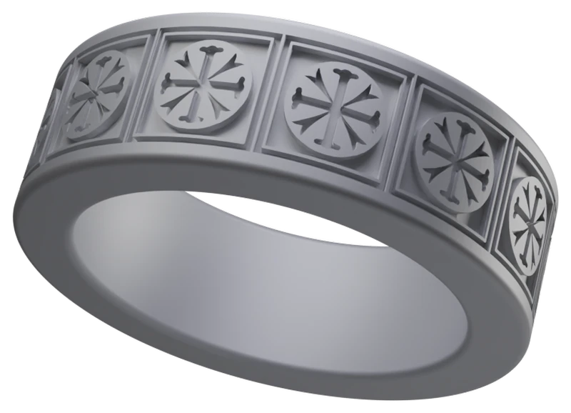 Render of a band with a repeating relief pattern of crosses set in square panels.