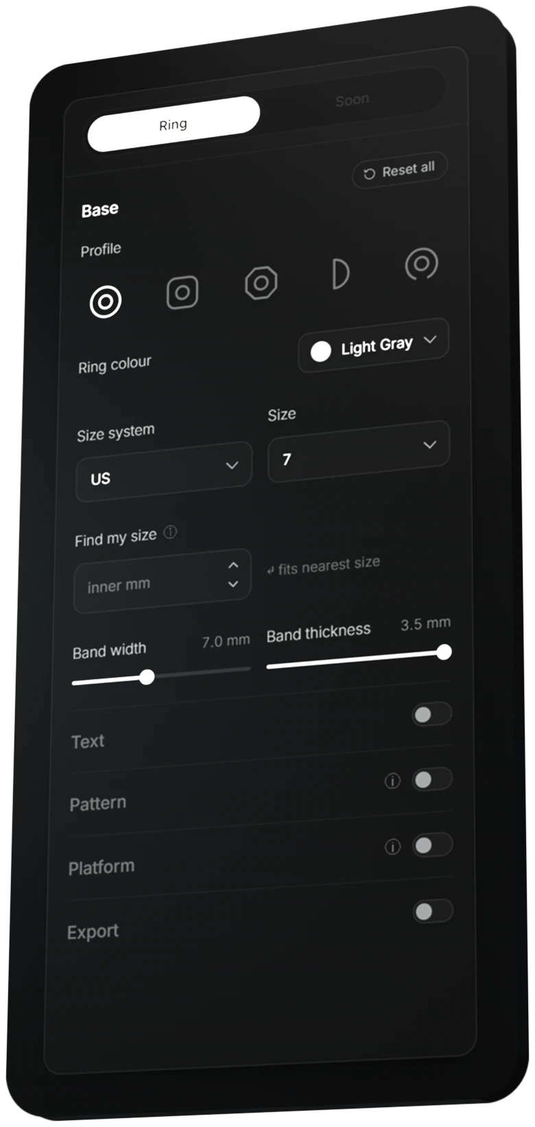 The studio panel: profile, ring colour, size system and size, band width and thickness, then Text, Pattern, Platform and Export.