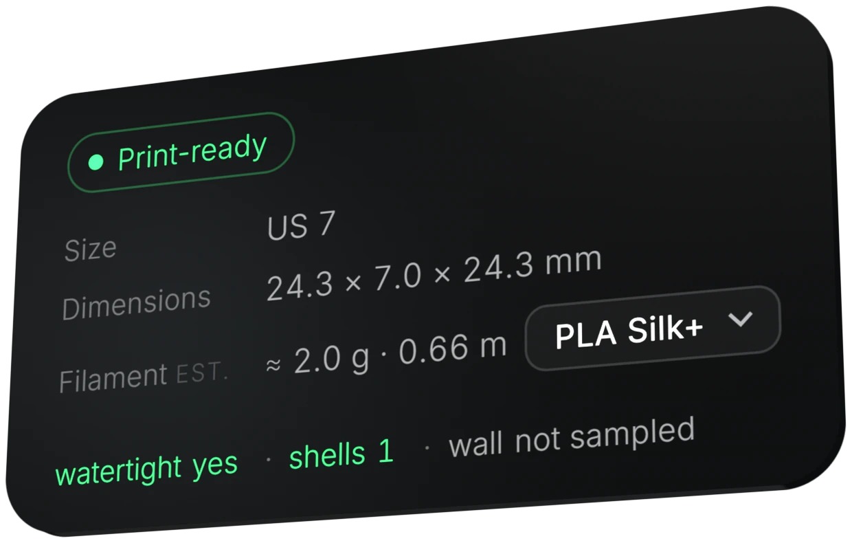 Studio status card: Print-ready, size US 7, dimensions 24.3 × 7.0 × 24.3 mm, filament about 2.0 g and 0.66 m in PLA Silk+, watertight yes, shells 1.