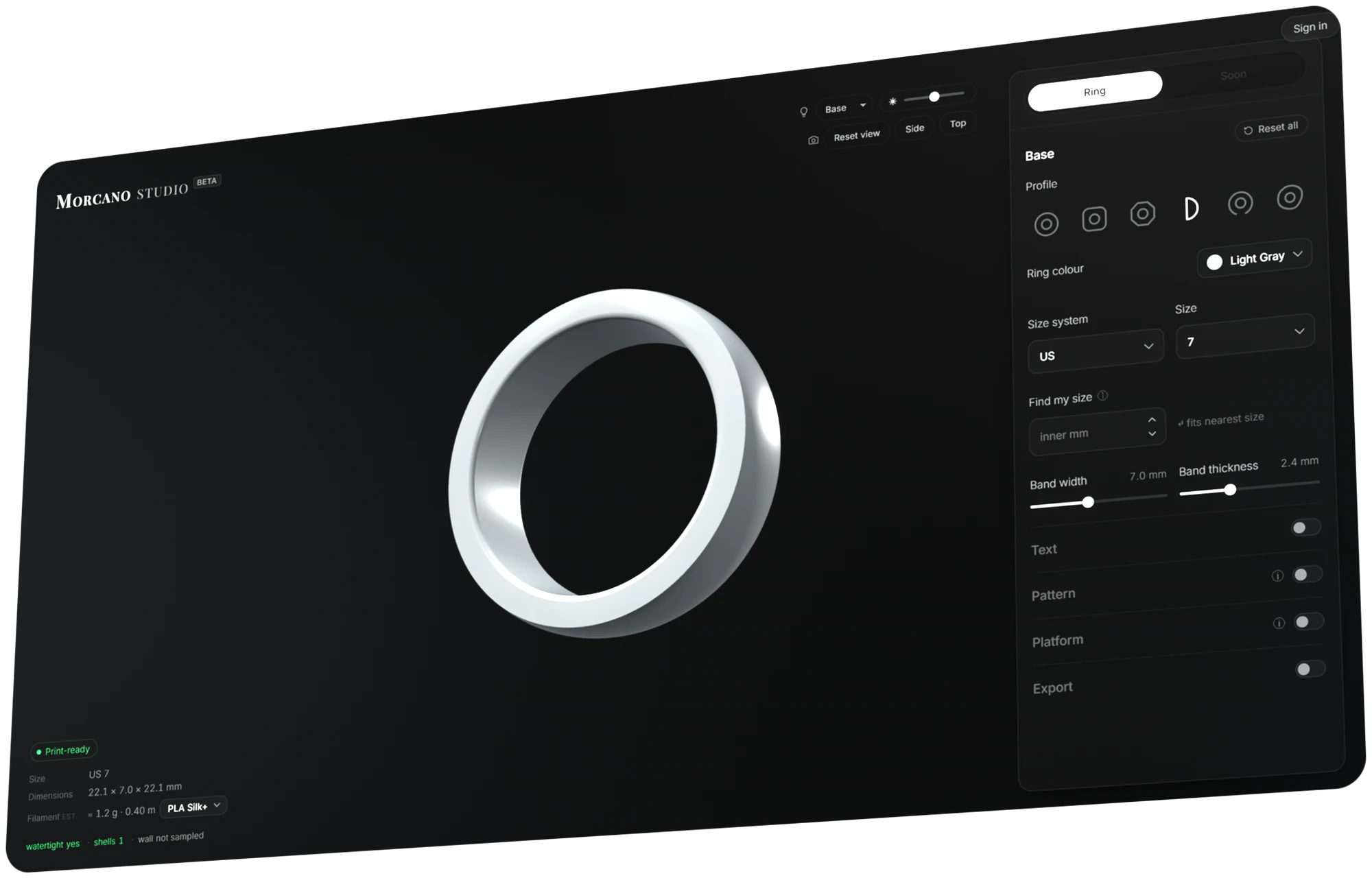 Morcano Studio: a white ring in the 3D viewport, the parameter panel on the right and a Print-ready status in the corner.